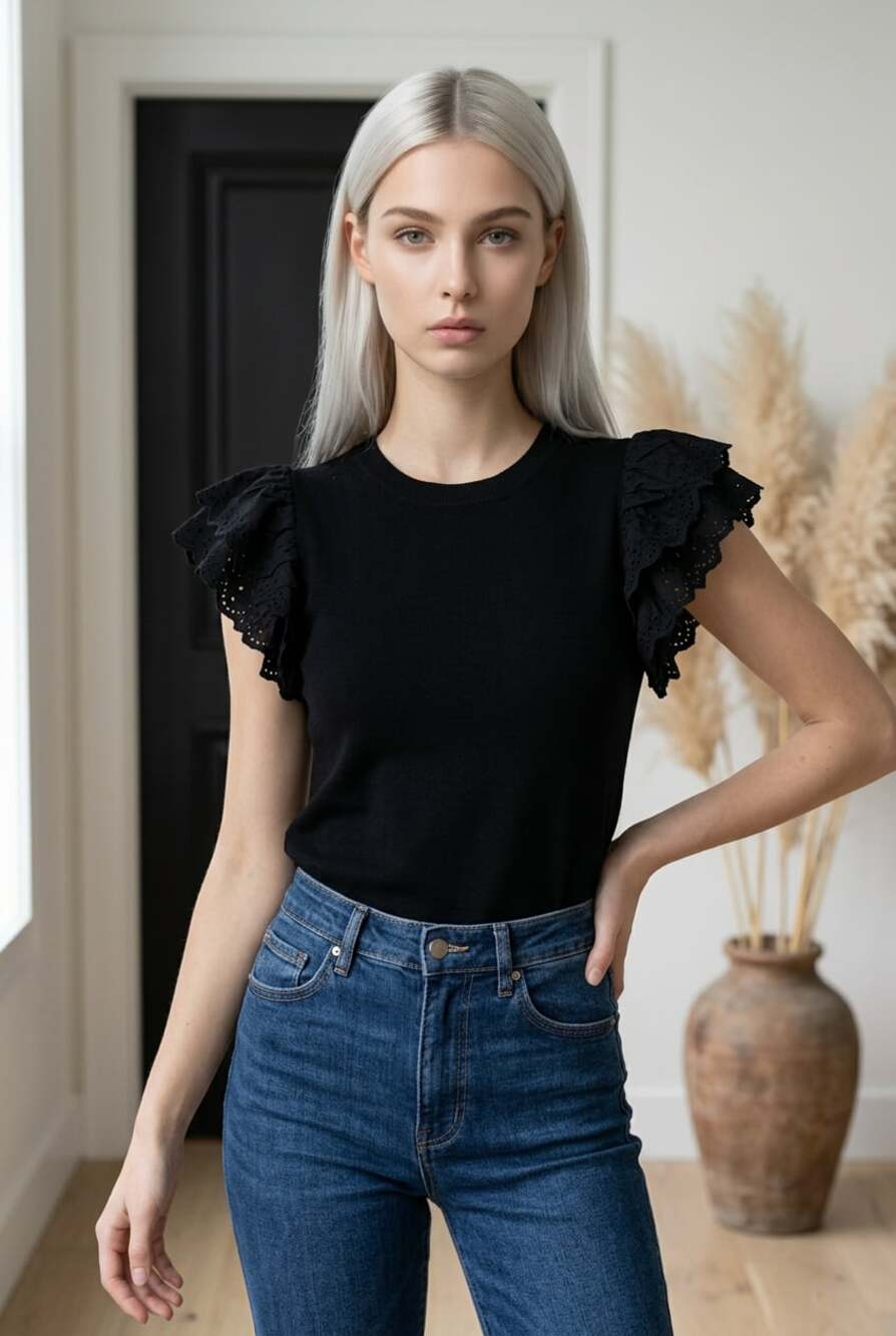 NWT Industry Republic Clothing Ribbed Eyelet Ruffle Sleeve Knit Top size XL msrp